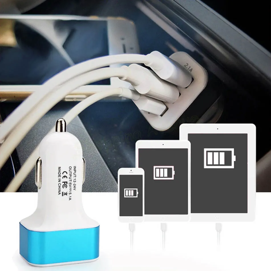 Dreifache Universal-USB-Autoladegerät 3-Port-Autoladegerät-Adapterbuchse 2A 2.1A 1A Auto-Styling USB-Ladegerät 100 teile/los Kostenloser DHL-Versand