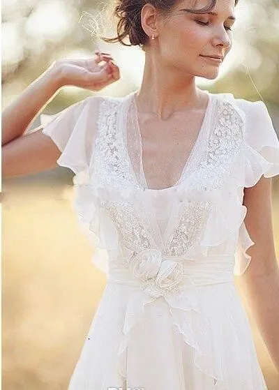 2020 Country Bohemia A Line Wedding Dresses V Neck Short Sleeves Chiffon Summer Beach Wedding Gowns Floor Length Boho Custom Bridal Dress