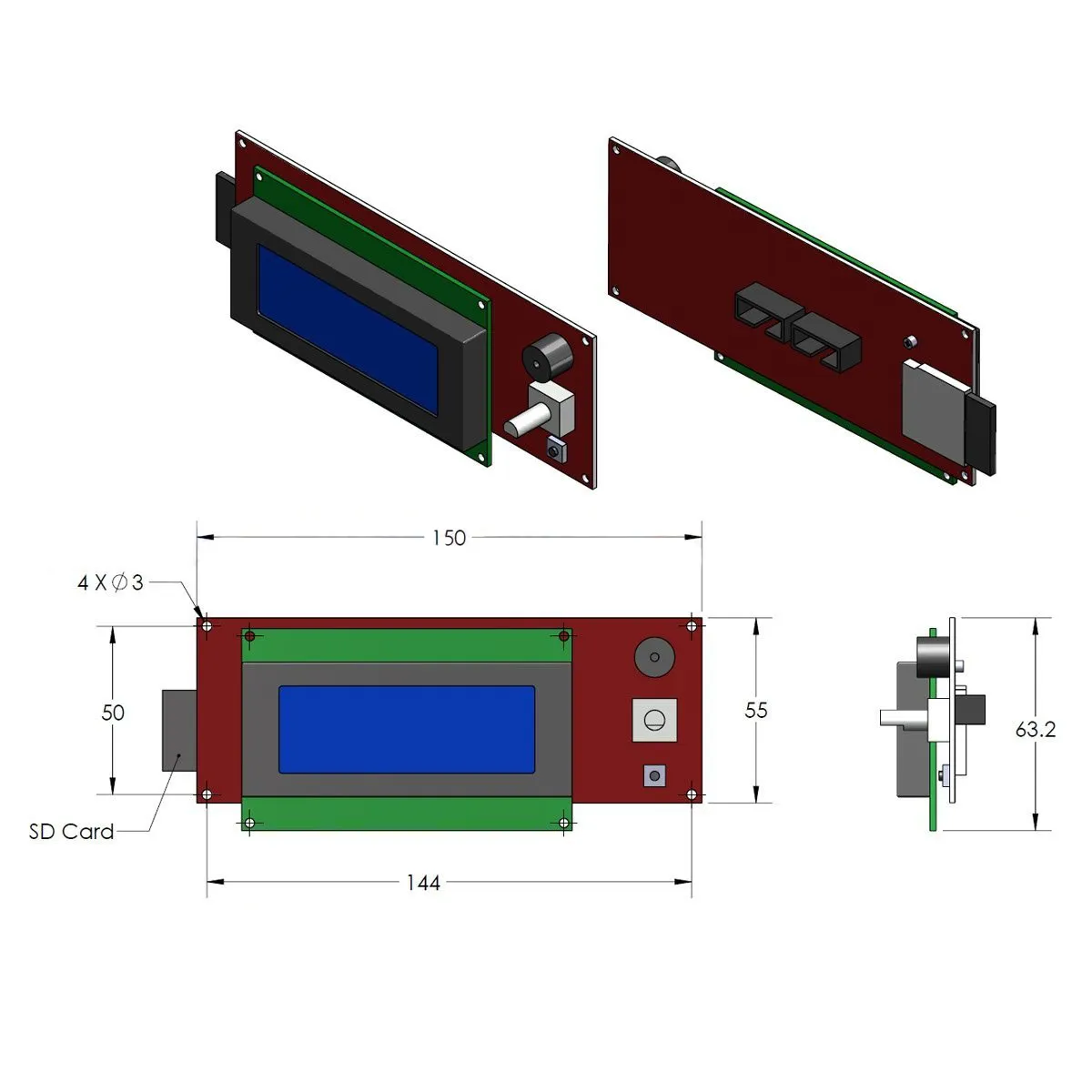Adattatore controller display LCD Mendel Smart Reprap Ramps1.4 Stampante 3D 2004 B00116 BARD