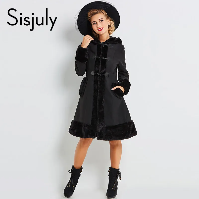 Оптовы женщины Sisjuly европейской зима пальто готического длинный рукав однобортное тонкая черная с капюшоном пальто осенью твердых куртками пальто горячего