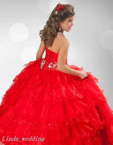 Red Girl's Pageant Klänning Prinsessan Ruffles Lace Up Closure Party Cupcake Prom Klänning för Kort Flicka Pretty Dress For Little Kid