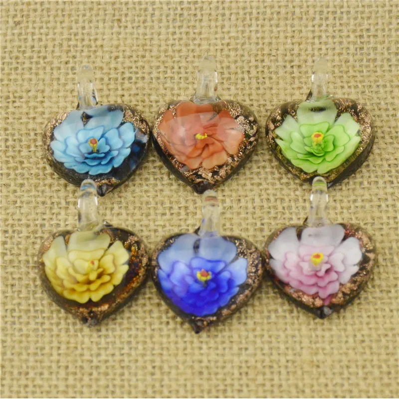Glass Pendants Necklace 3D Flower Heart Love Shaped Murano Glass Jewelry Lampwork Glaze Pendant in Cheap 