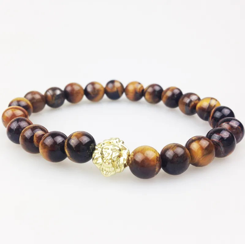 SN0350 Laatst oude mannen kralen armband tijger oog stenen armband met leeuw hoofd goud rose goud verzilverd natuursteen sieraden