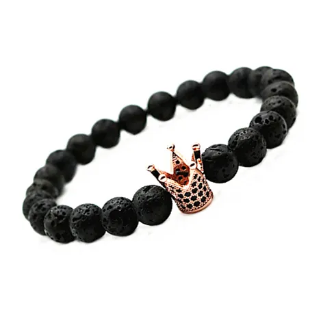 Micro Pave Black CZ Zirconia Gold Plated Crown Beaded Strands Bracelet Jewelry Dull Polish Matte Stone Bead Bracelets For Men