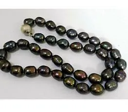 Classic 12-13mm South Sea Baroque Black Green Pearl Collier 18 pouces S925 Silver