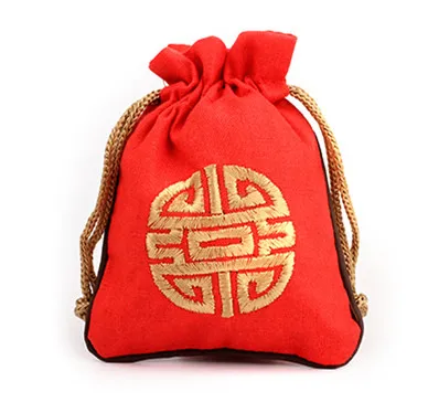 Large Ethnic Craft Cotton Linen Packaging Bags for Jewelry Storage Necklace Bracelet Travel Bag Chinese Embroidery Joyous Gift Pouch 16 x 19