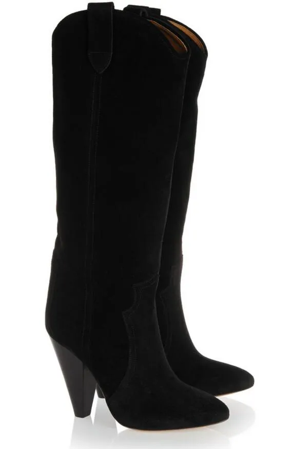 Design de mode noir daim cuir femmes chaussons talon aiguille chaussons bout pointu talons hauts mujer botas demi bottes femmes
