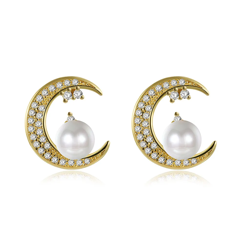 2017 New High Quality Lady Gold Earrings Romantic Moon Pearl Pearlings Ladies Fashion Zircon Party Earrings Jewelry8886705