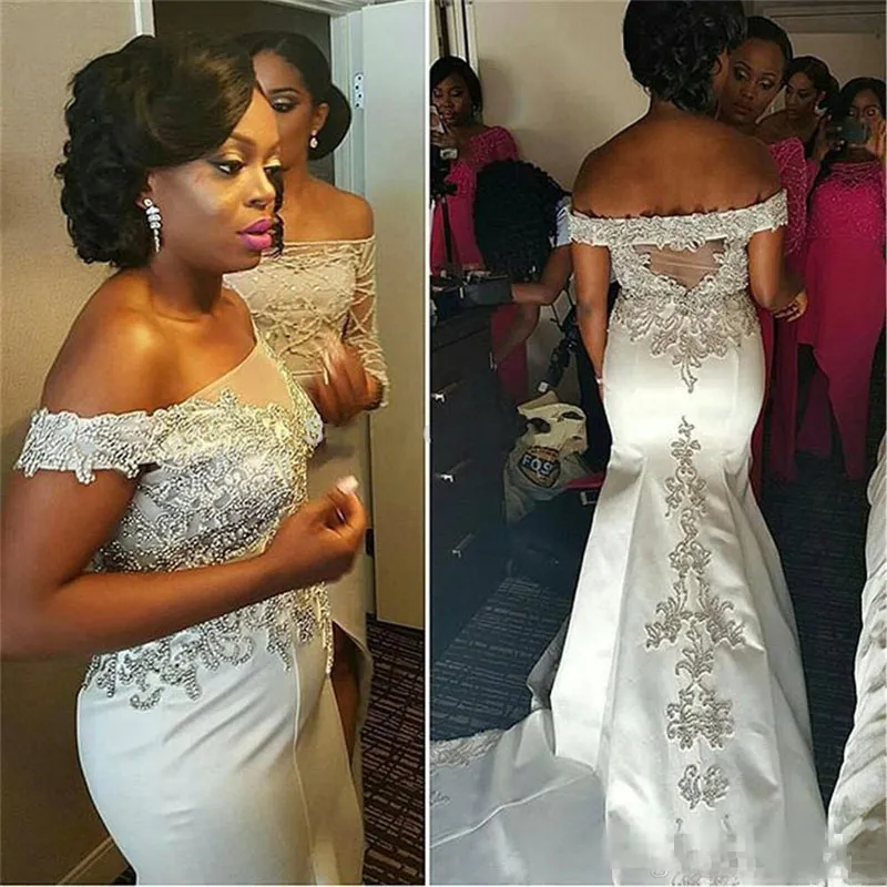 Nigerrain 2017 Luksusowy Off Ramię Sukienka Ślubna Formalne Appliqued Backless Sweep Pociąg Mermaid Party Suknie Bridal Druhna Dresses 2018