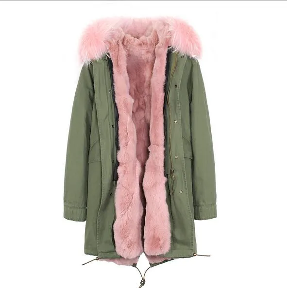 Jazzevar marque rose clair herbe doublure en fourrure de lapin longue coquille délavée bleu demin vestes longues parka de neige