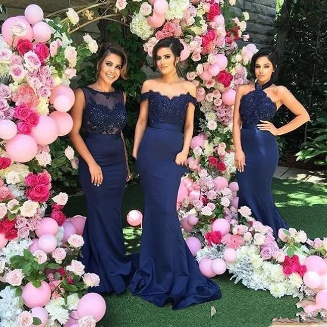 Navy Blue Bridesmaid Dresses Sexy Off Shoulder Mermaid Lace Appliques Satin Long For Wedding Plus Size Party Dress Maid of Honor Gowns