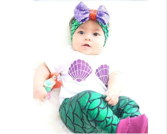 2016 Summer Baby Girl Zestawy Odzieżowe Koszulka Niemowlę Krótki Rękaw Topy + Mermaid Długie Spodnie + Zespół Włosów Toddler Stroje Kids Suit dla 0-2y