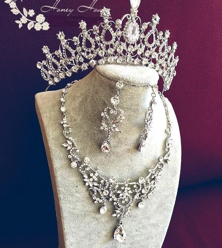 3 unids/set conjunto de accesorios de joyería de novia de boda (corona + pendiente + collar) diseño de hojas de cristal LDRESS39