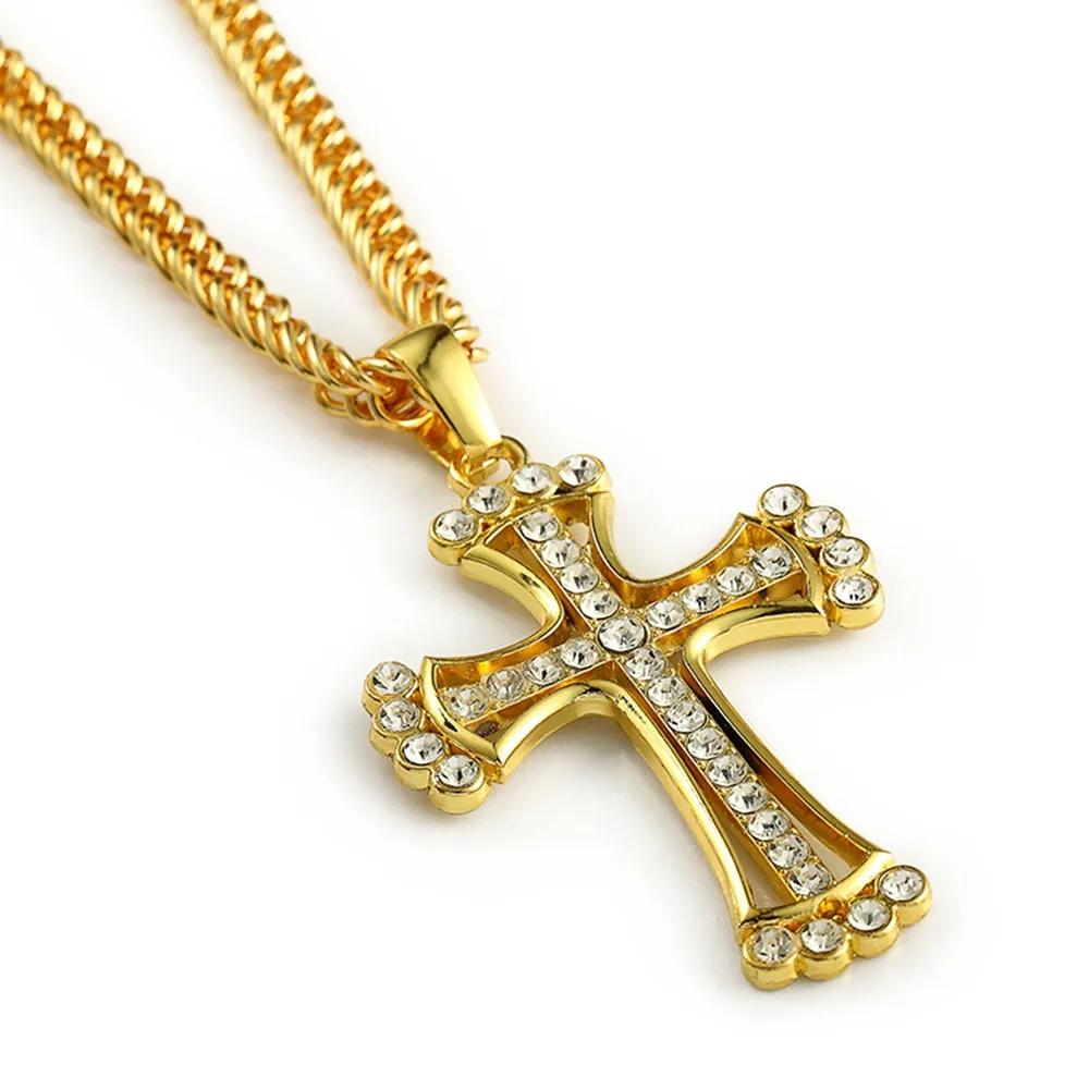 Iced Out Cross Wisiorek 18K Żółty Złoto Wypełnione Męskie Krucyfiks Łańcuch Naszyjnik