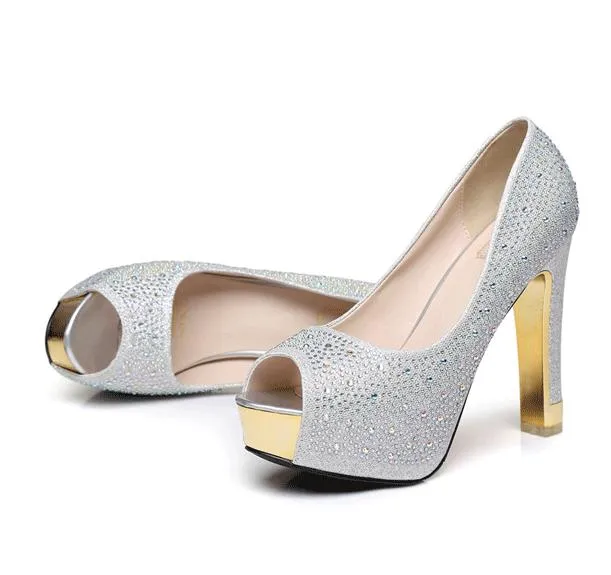 Glitter silver wedding shoes gold diamond rhinestone sexy high heels princess prom ball shoes size 34 to 39 YL