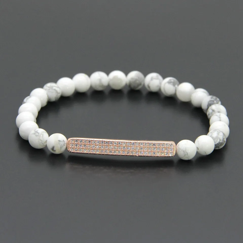 En gros été barres Zircon bijoux 6mm blanc Howlite marbre pierre avec Micro incrustation pavé Tube perles hommes Bracelets
