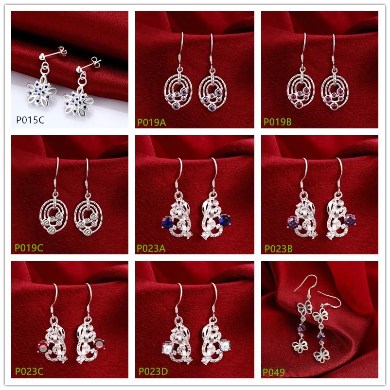 fashion women's gemstone 925 silver plate earring 10 pairs a lot mixed style,plated sterling silver Dangle Chandelier earrings EMP8