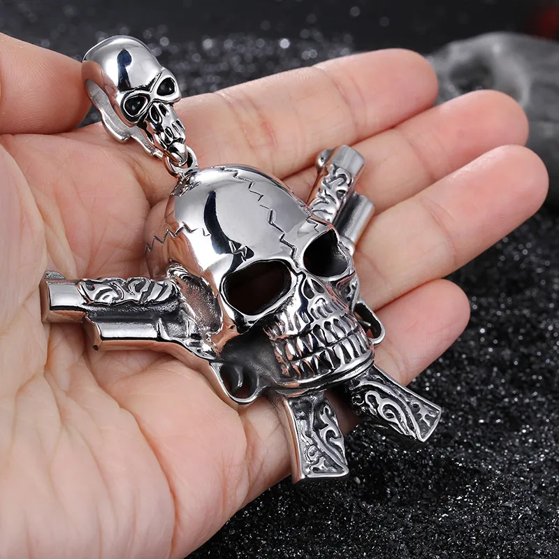 Большое кастинг серебро 316L из нержавеющей стали Biker скелет череп двойные пистолеты подвески готическое ожерелье мужские классные украшения подарки