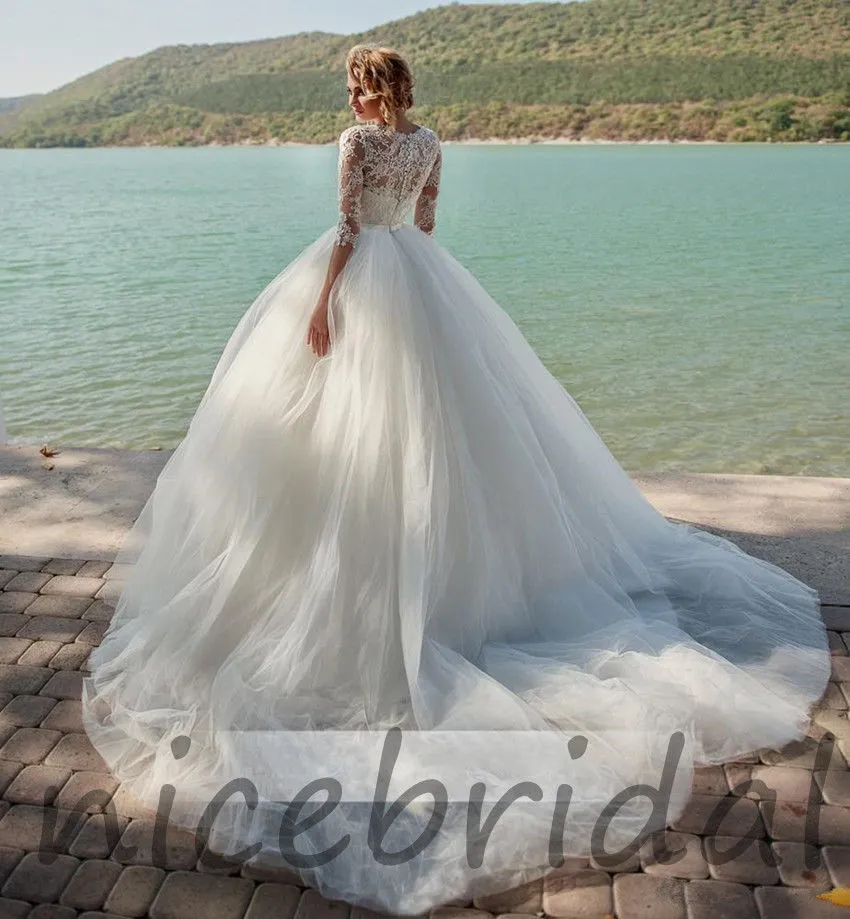 Modest Wedding Dresses With Sleeve Vintage Ball Gown Beach Wedding Dresses Sheer Neck Lace Bridal Gowns Elegant Wedding Dresses From China