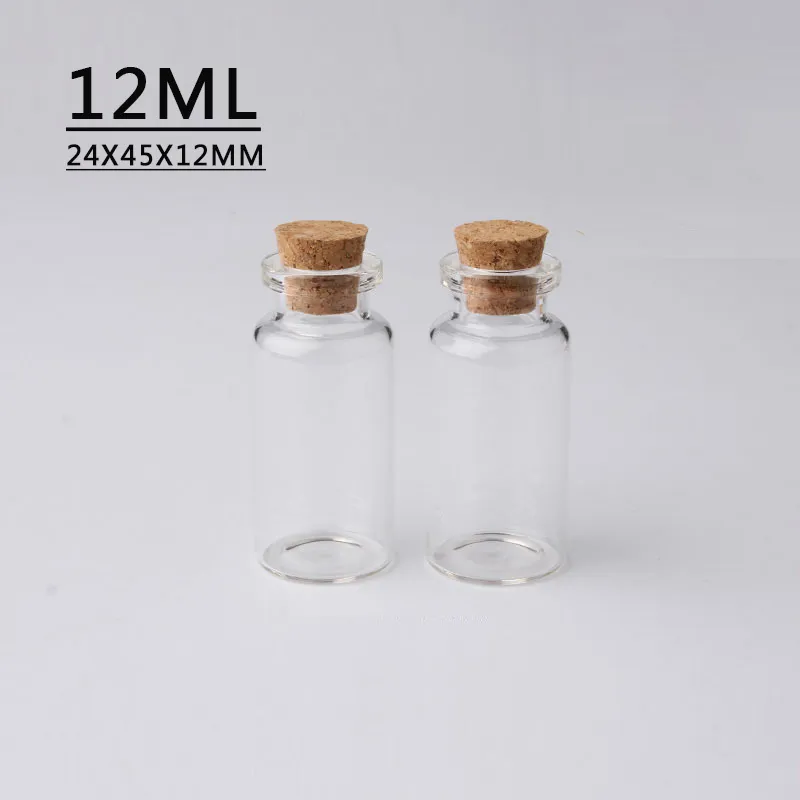 12ML 24X45X12. 5MM Small Mini Clear Wish glass Vials with Cork Stoppers / Message Pareds Wish Jeweless Party Favort