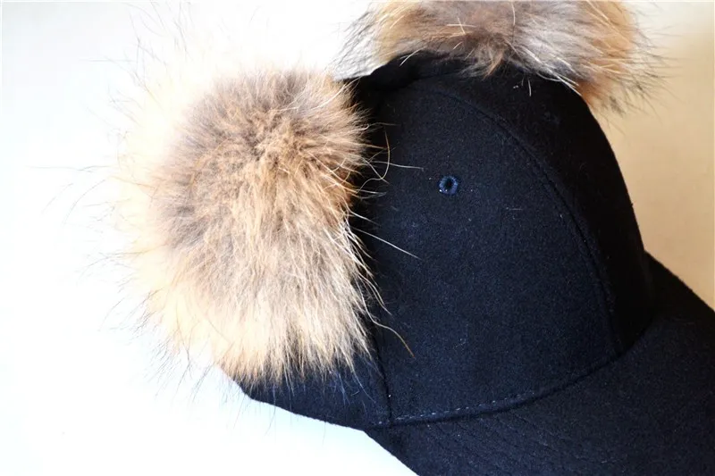 Cotton baseball cap with two Pom Pom faux fur hats unisex adjustable snapback hat caps newest 200N