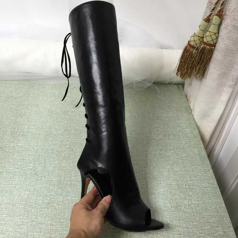 2016 Real Black Women Boots Lace Up Soft Leather Peep Toe Knee Boots Peep Toe Ladies Party Shoes Sexy High Thin Heels Ladies