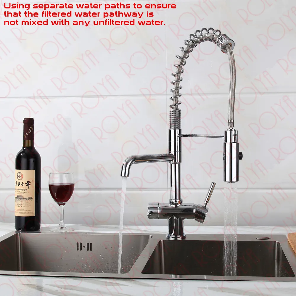 Rolya New Commercial Tri Flow Kitchen Faucet with Spring Hose Sink Mixer Professional 3 Way Water Filter Tap