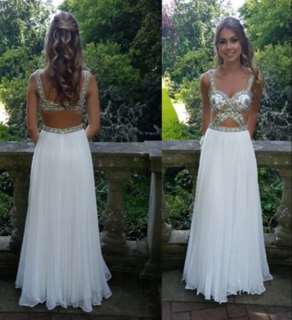 Sexy Cut Out Design Sexy White Prom Dress Open Back Straps Beaded Embellishment Floor Length Evening Party Wear Custom Made Top Quality