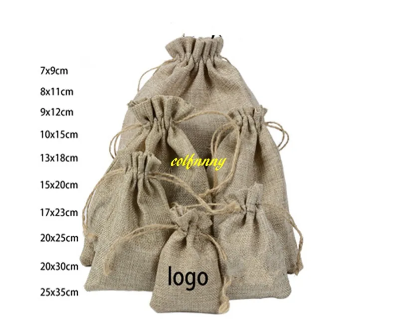 50 stks / partij 7 * 9 cm 8 * 11 cm 9 * 12 cm 10x15cm 13 * 18 15 * 20 cm 17 * 23 cm 20 * 25 cm 20 * 30 cm 25 * 35cm jute jute trekkoord geschenk sieraden pouches tassen