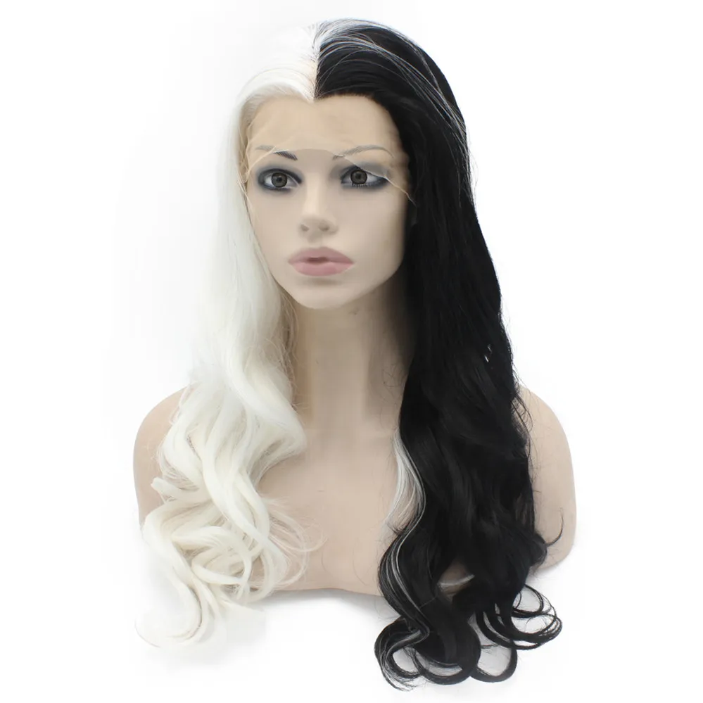 Long Wavy Half White Black Synthetic Lace Front Wig Heat Resistant