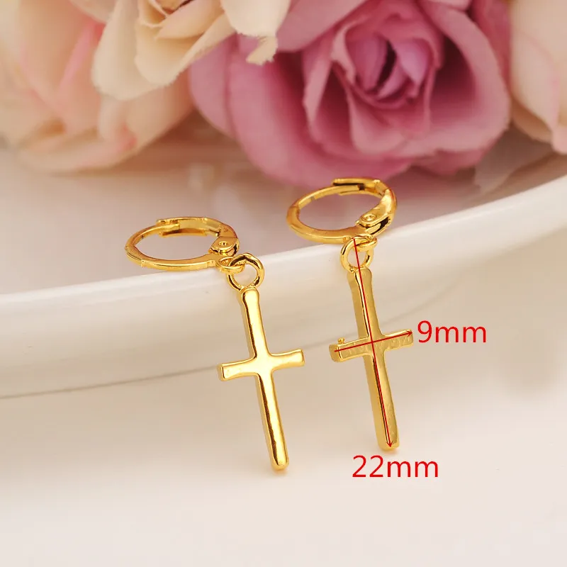 Exclusive Special Design Christian Vogue Womens True Real 14K Solid Fine Yellow Gold GF Crucifix Cross Timeless Charm Earrings292E