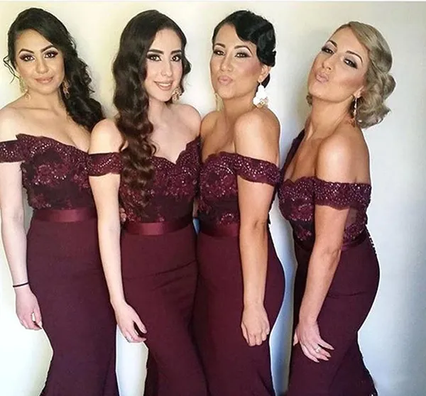 Popular Bridesmaid Dresses Off the Shoulder Mermaid Long Bridesmaids Dress Lace Applique Top Formal Evening Party Gowns with Sash