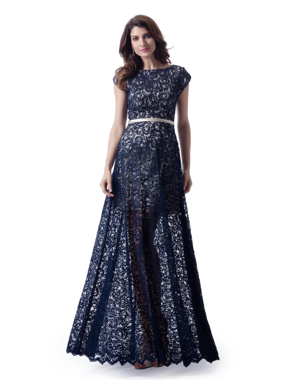 Navy Blue Lace Champagne Lining Long Modest Bridesmaid Dresses