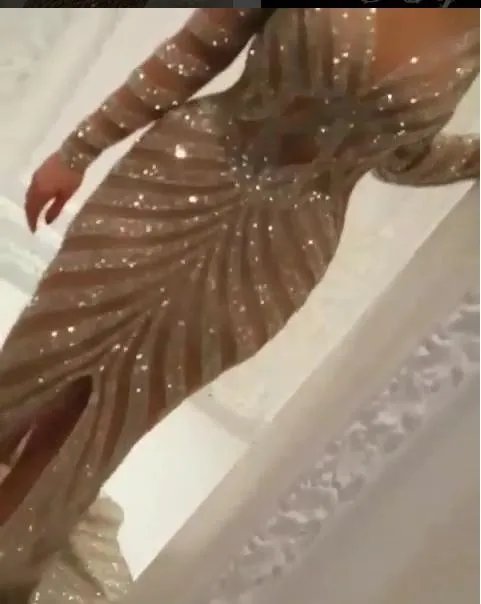 Evening dress Yousef aljasmi Labourjoisie Silver Beads V-Neck Ls Long sleeve Kim kardashian Zuhair murad