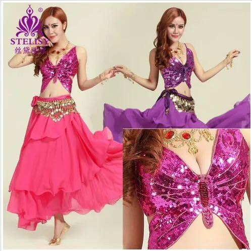 Belly Dance Costume Beaded Butterfly Clothes Set Set BH 75C 80C 85C Belt kjol Pärlor Belly Dancing Bead Plus Size204i