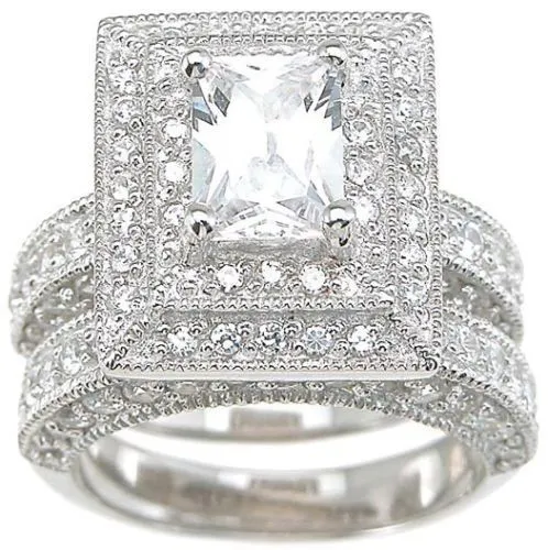 Taille 5-11 Nouvelle arrivée Pave Bijoux de luxe Taille princesse Diamant simulé Topaze 14kt or blanc rempli de mariage femmes bague ensemble cadeau