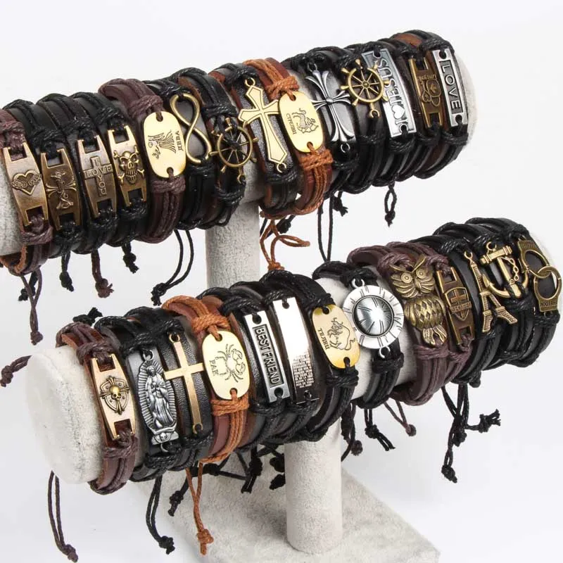 Band New Vintage Metal Leather Mens Womens Surfer Bracelet Cuff Wristband Mixed Style Alloy pendant Retro Jewelry Charm Bracelet