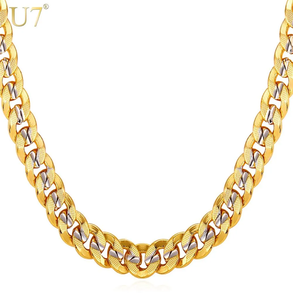 New New Two Tone Gold Chain For Men Jewelry With Stamp Trendy 18K Real Gold Plated 9MM 5 Size Curb Men Necklaces Gift N552