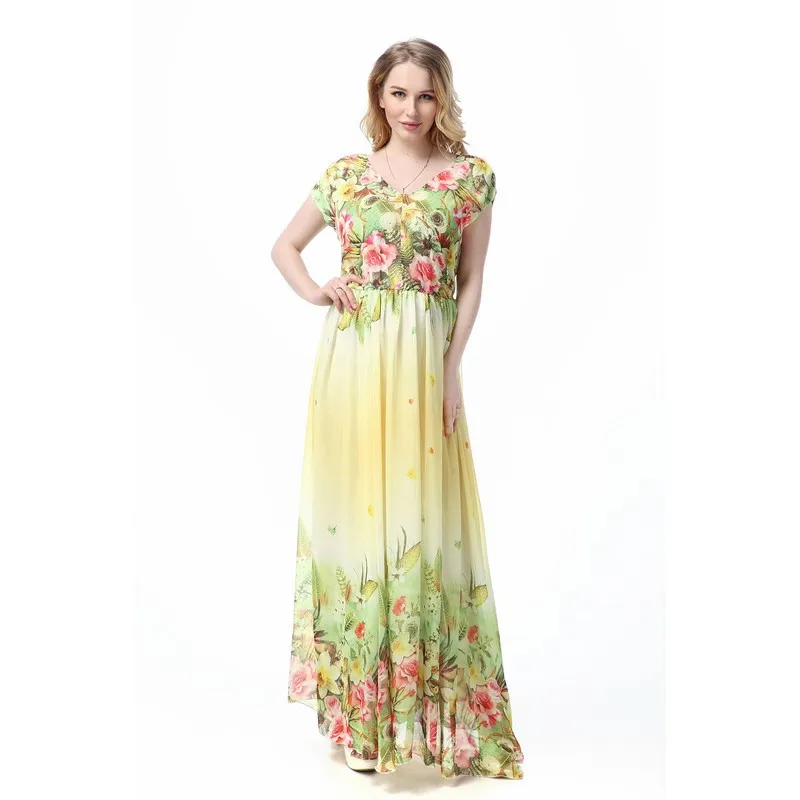 Große Größe Maxi Kleider L-5xl Frauen langes Chiffon Blumendruck Strandkleid Kurzarm sexy elegantes böhmisches Kleid