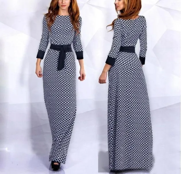 Hot Sale Ladies Summer Diamond Printed Slim Muslim 3/4 Sleeve O-Neck Maxi Dress Plus Size S-XL