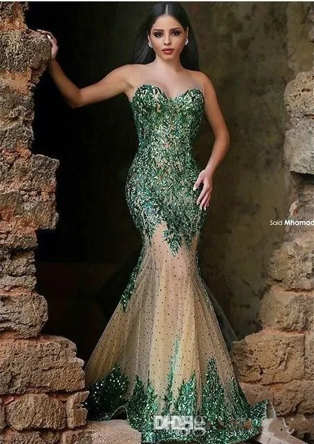 Smaragdgrüne Meerjungfrau-Abendkleider im arabischen Stil, sexy, transparent, Rundhalsausschnitt, Hand-Pailletten, elegant, sagte Mhamad, lange Ballkleider, Partykleidung