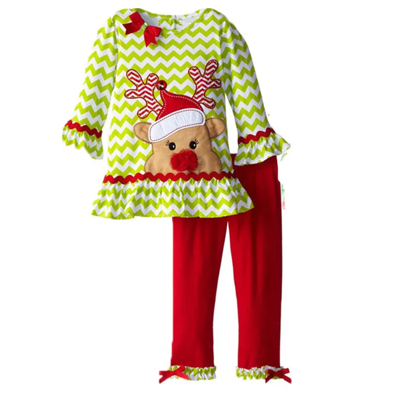 Julkläder Baby Sanda Reindeer Tree Mönster Långärmad T-shirt Klänning Och Byxor Två Piece Baby Girls Xmas Outfits Ställ Tjejer Kläder