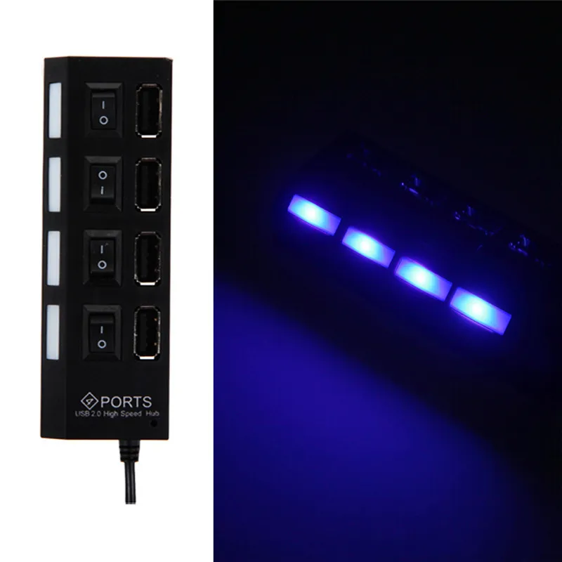 무료 배송 블랙 화이트 CE 인증 외장 멀티 허브 확장 4 포트 USB 2.0 허브 ON / OFF 스위치 LED 분배기 USB 허브