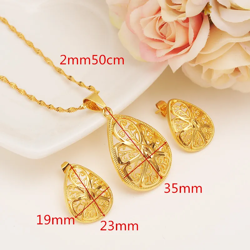 New Heart Ethiopian Necklace Earrings Wedding Jewelry Set Women 24K Yellow Solid Fine Gold Color Filled Vintage Dubai Party Gifts