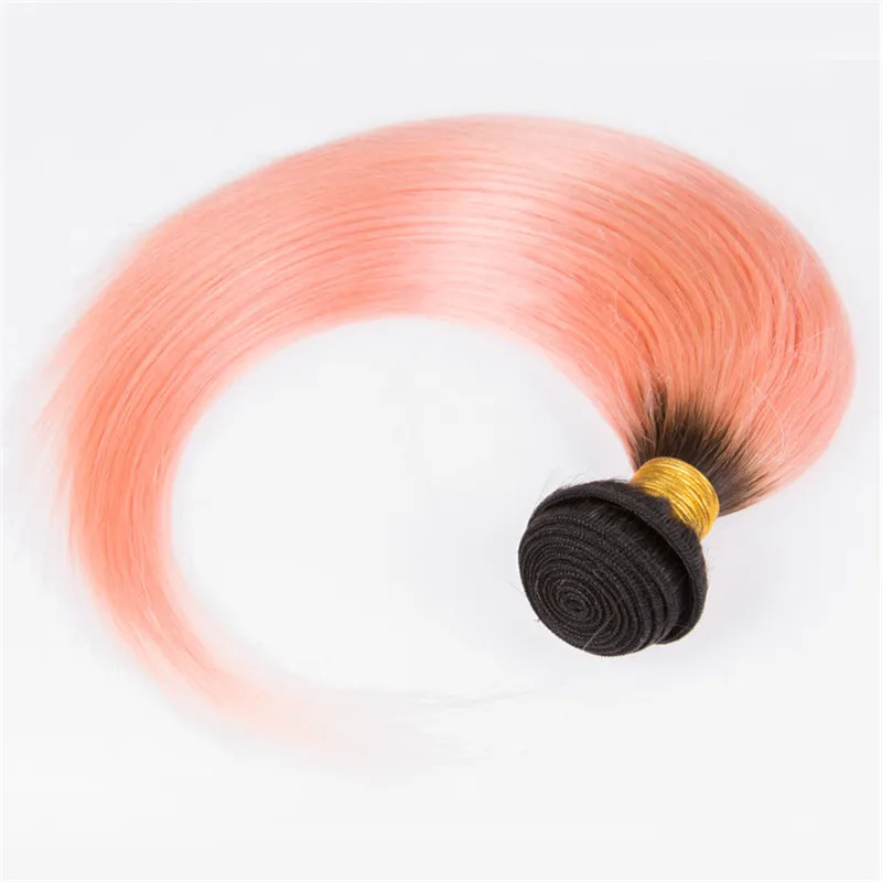 Extensiones de cabello Ombre Dos tonos # 1B Oro rosa Ombre Paquetes de tejido de cabello humano virgen brasileño recto con cierre frontal de encaje rosa de 13x4 ''