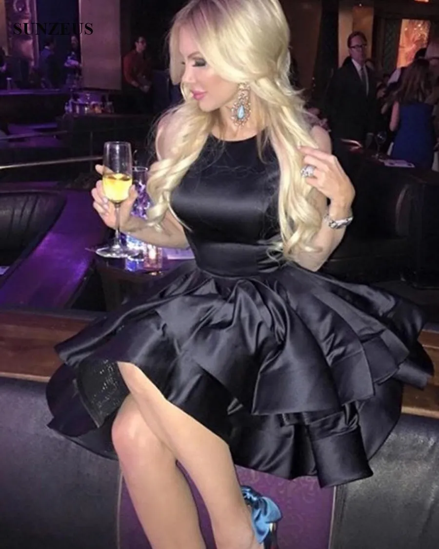 Short Black Cocktail Party Dresses Tiered Satin Prom Gowns A Line - Main Image