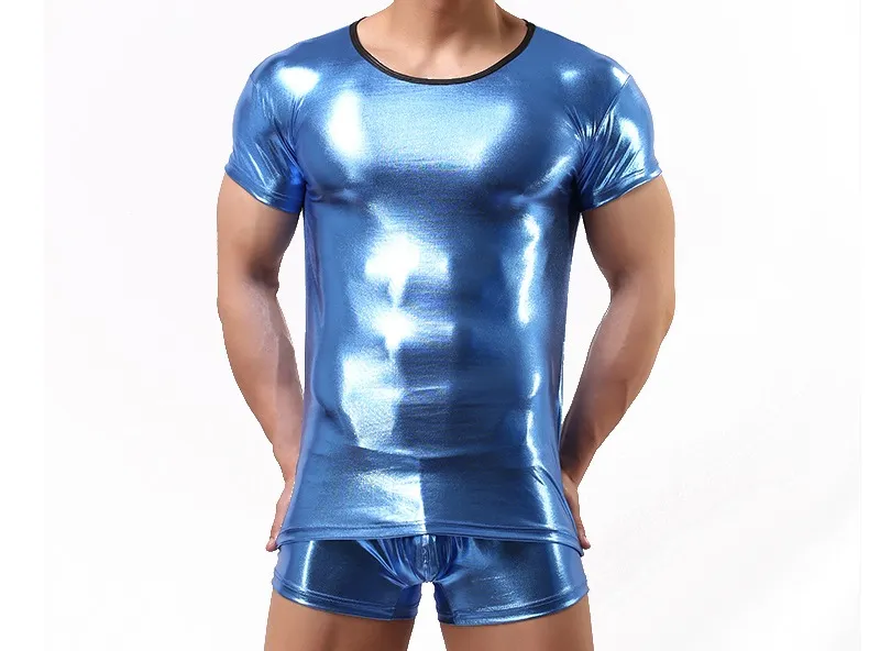 Оптово-мужчины футболка ПВХ пижама набор пижамы Sleewwures сексуальное мужское нижнее белье TEES модельные футболки Faux кожа повседневная короткая рукава
