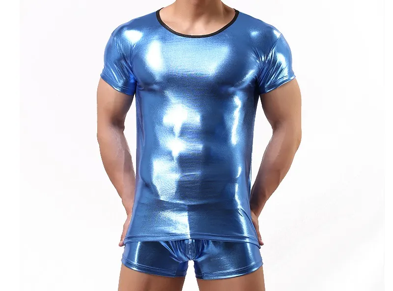 Groothandel-heren t-shirt PVC pyjama set nachtkleding sexy heren ondergoed Tees undershirts tshirts faux lederen casual korte mouw boxers