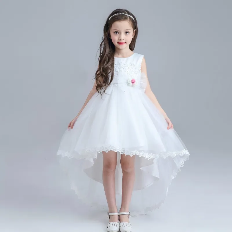 Lovely White High Low Lace Flower Girl Dresses 2017 Crew Sleeveless Handmade Flowers Girls Pageant Gowns Kids Christmas Party Prom Dresses