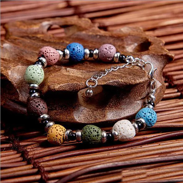 Brazaletes multicolores de piedra de lava bohemia a la moda para mujer, joyería, pulsera difusora de aceite esencial chapada en plata